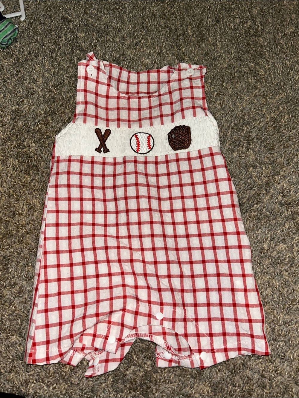 Red Plaid Smocked Baseball Shortall Romper for Kids